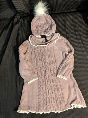 cupcakes & cashmere Purple Mauve Cable Knit Dress with Pom-Pom Hat